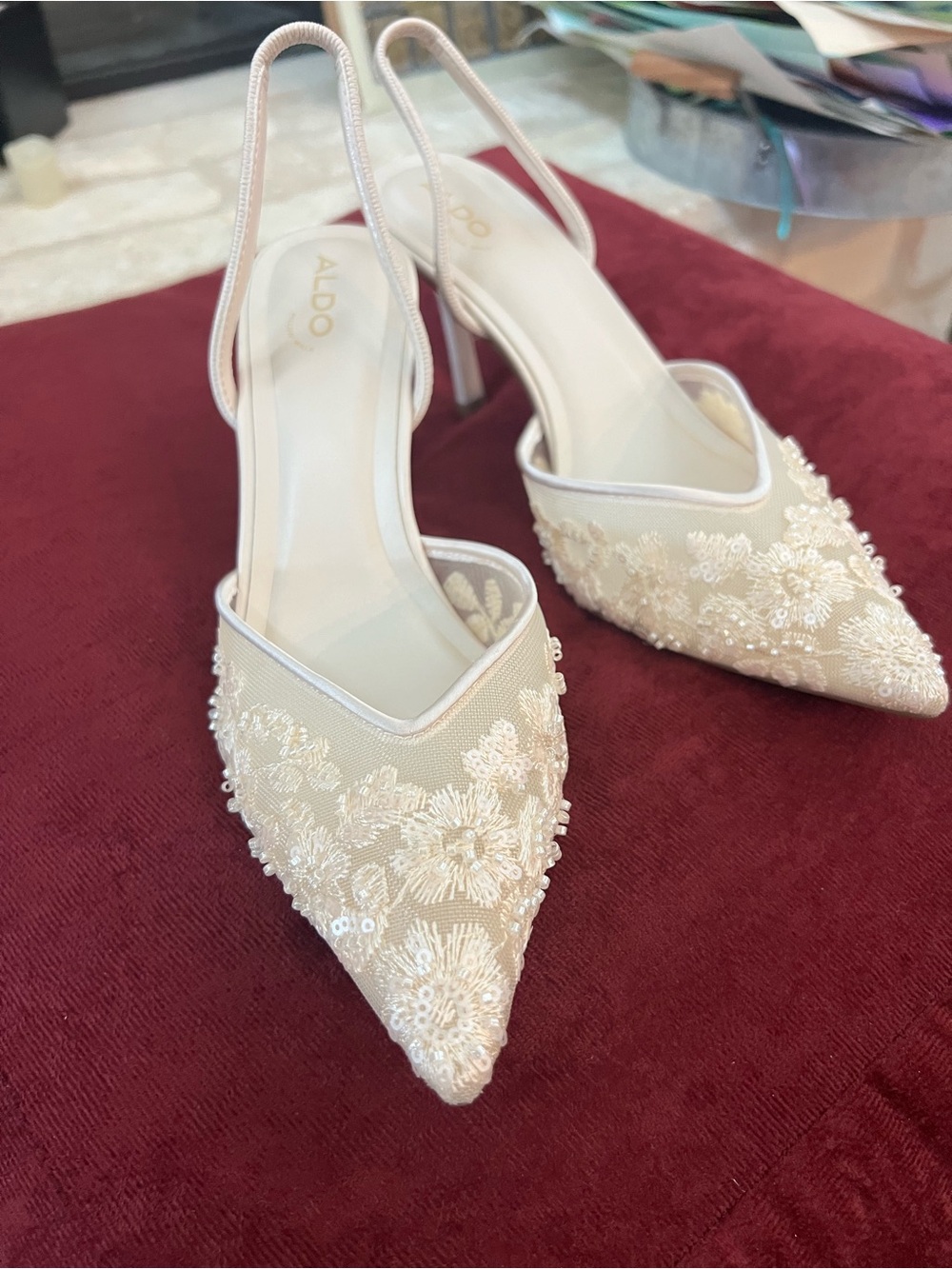 Aldo Champagne Lace Slingback Pointed Stiletto